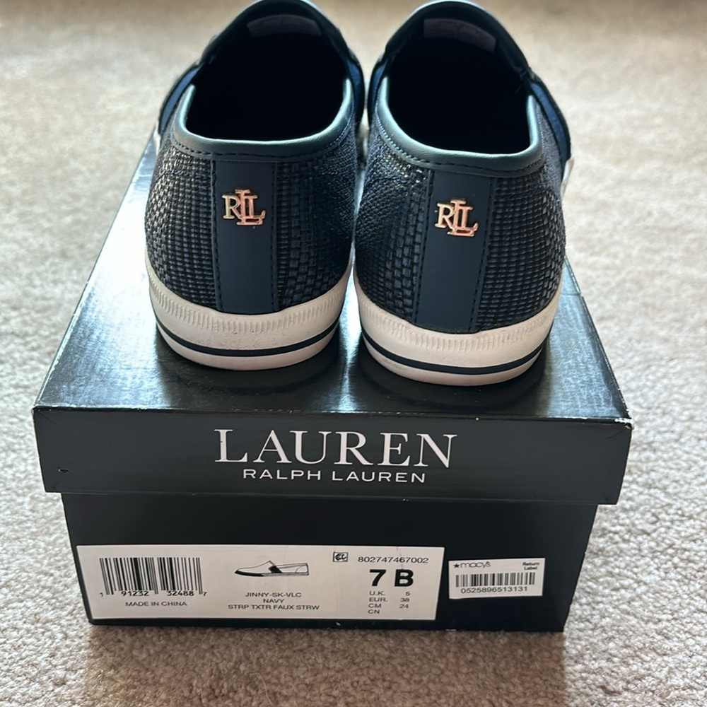 Ralph Lauren Navy Strip Texture Faux Straw Sneakers. - Picture 7 of 7